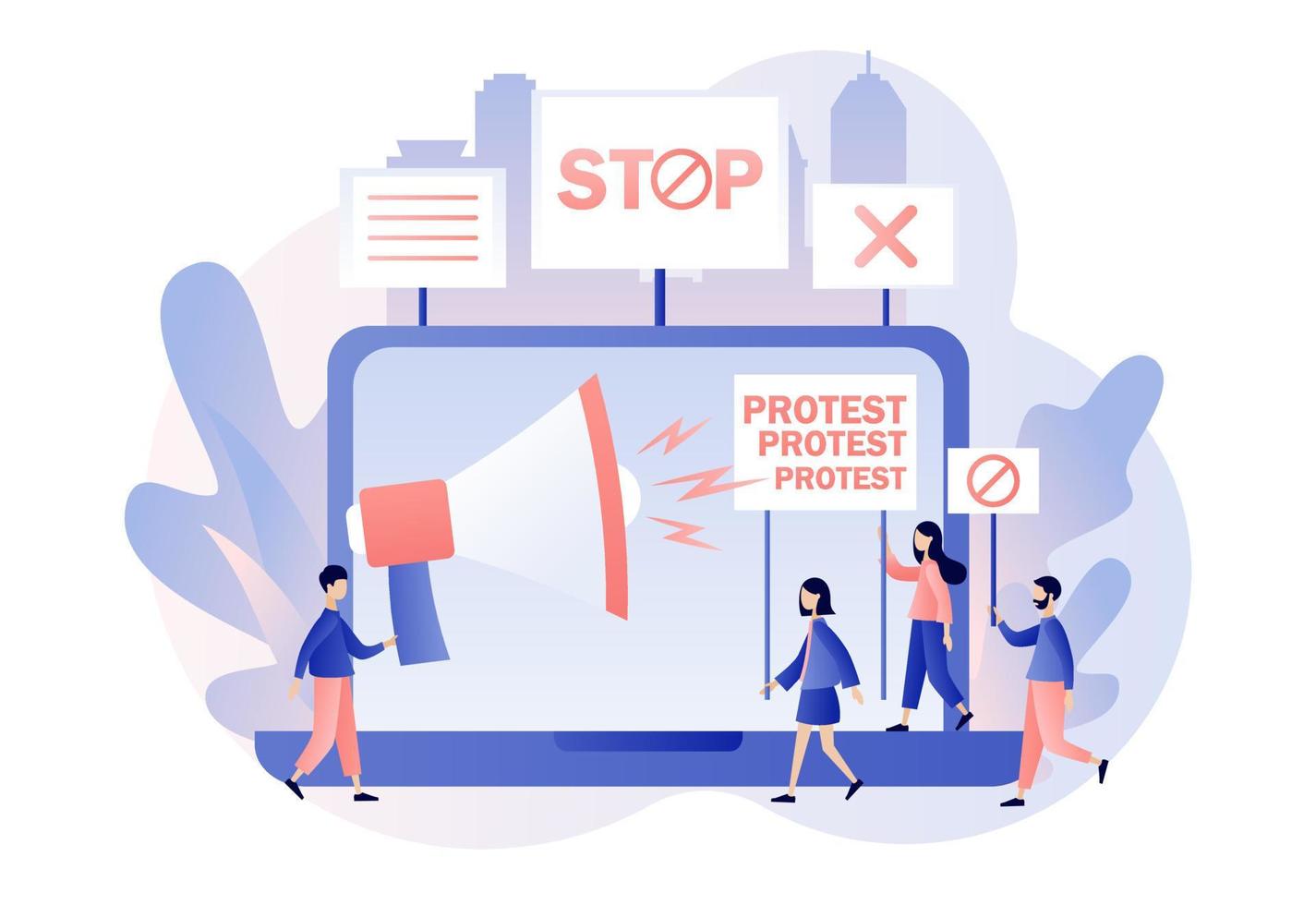 Online protest and social activity concept. Parade, political meeting or rally. Tiny people protesters, holding banners, placards and megaphones. Modern flat cartoon style. Vector illustration
