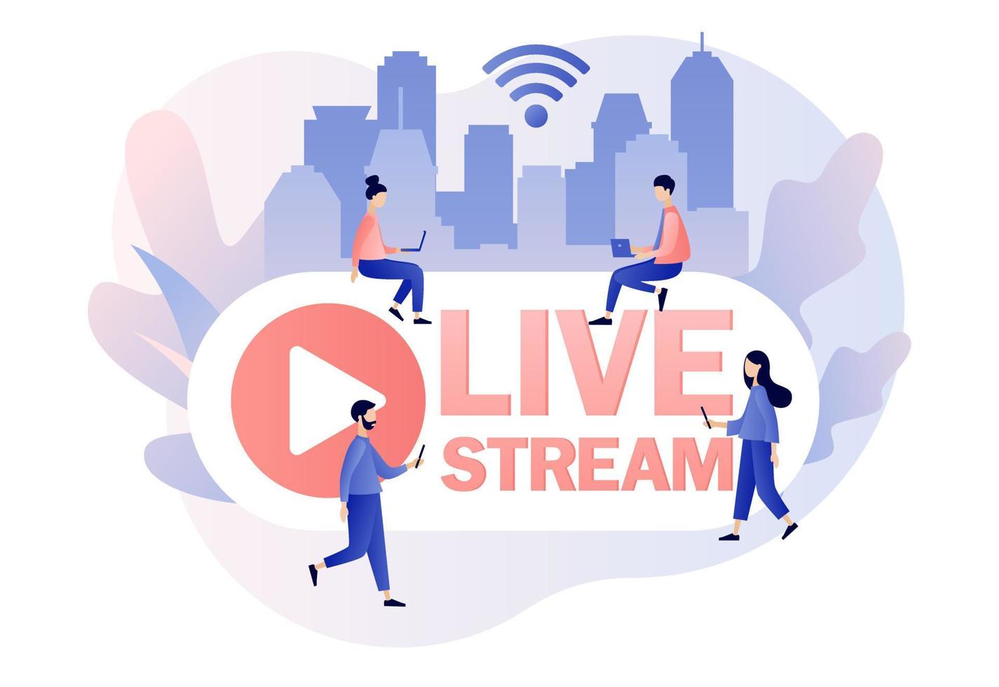 Live streaming. Tiny people that conduct and watch live stream in social networks. Modern flat cartoon style. Vector illustration on white background