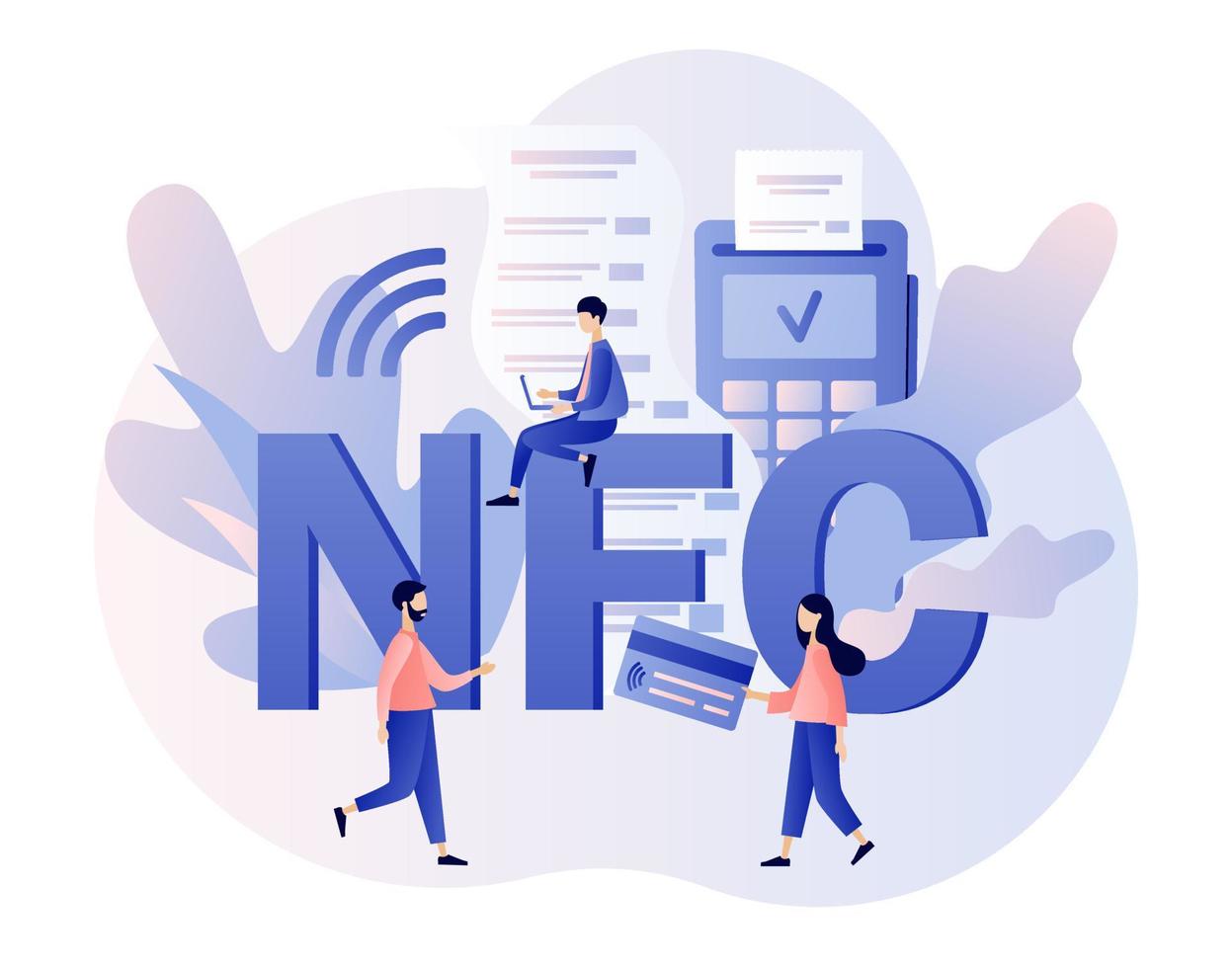 NFC payment. Financial transactions, terminal and credit card. Online banking. Tiny people use POS-terminal and payment systems. Modern flat cartoon style. Vector illustration on white background