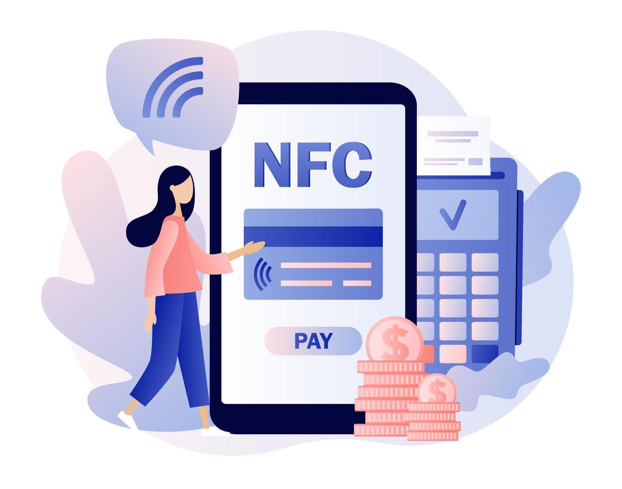 NFC payment app. Financial transactions, terminal and credit card, online banking. Tiny people use POS-terminal and payment systems. Modern flat cartoon style. Vector illustration on white background