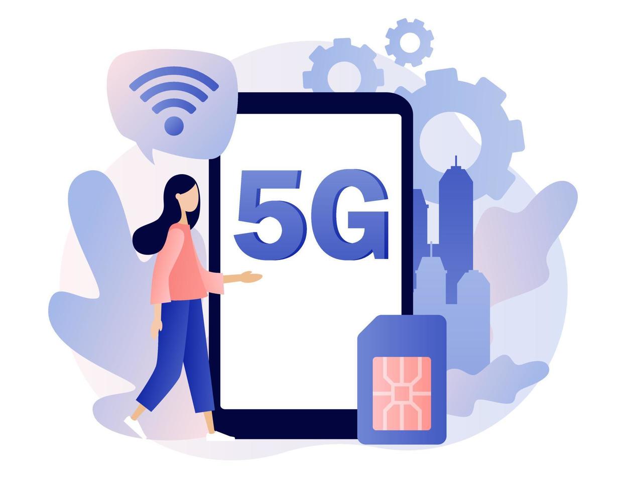 5g red inalámbrico tecnología. minúsculo niña utilizar teléfono inteligente con letras 5g en pantalla. sim tarjeta alta velocidad Internet. moderno plano dibujos animados estilo. vector ilustración en blanco antecedentes