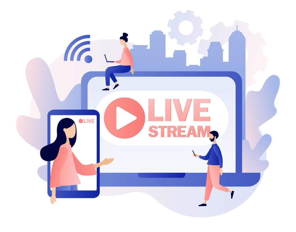 Live streaming. Tiny people that conduct and watch live stream in social networks. Online video chat. Modern flat cartoon style. Vector illustration on white background