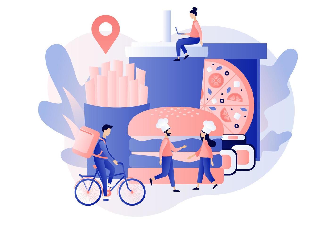 Food delivery service. Pizza, burger, french fries, sushi. Tiny people order food online. Chefs and courier prepare food to order. Modern flat cartoon style. Vector illustration on white background