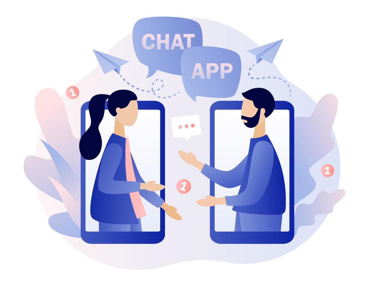 móvil charla aplicación minúsculo personas chateando en móvil teléfono inteligente pantalla. en línea comunicación, social redes, mensajes, habla burbujas moderno plano dibujos animados estilo. vector ilustración en blanco antecedentes