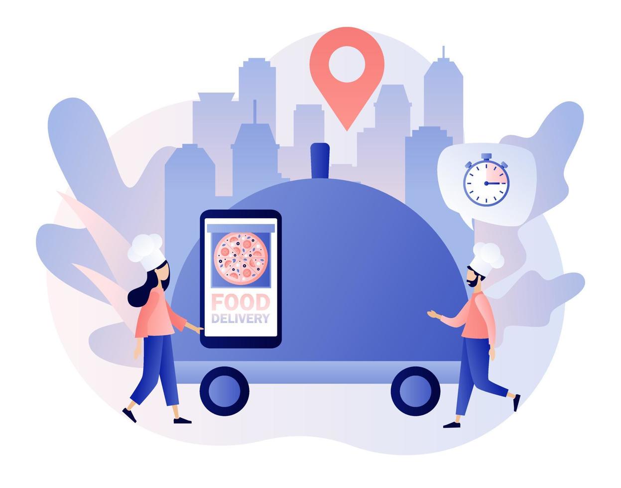 Food order online service. Tiny people delivery food. Chefs and courier prepare food to order. Pizza in app on smartphone screen. Modern flat cartoon style. Vector illustration on white background