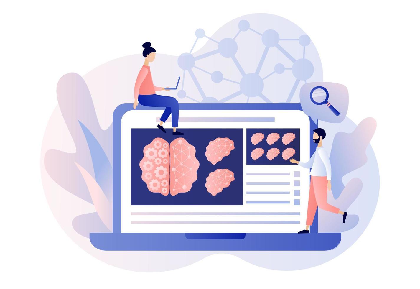 Neurology science and brain research concept. Tiny people study Head Tomography on laptop screen. Human brain and psychology. Modern flat cartoon style. Vector illustration on white background