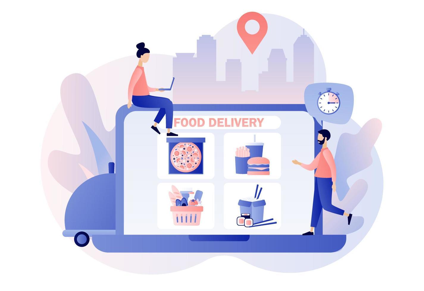Food delivery service. Tiny people order food online in website on laptop screen. Pizza, burger, french fries, sushi, rice, food basket. Modern flat cartoon style. Vector illustration
