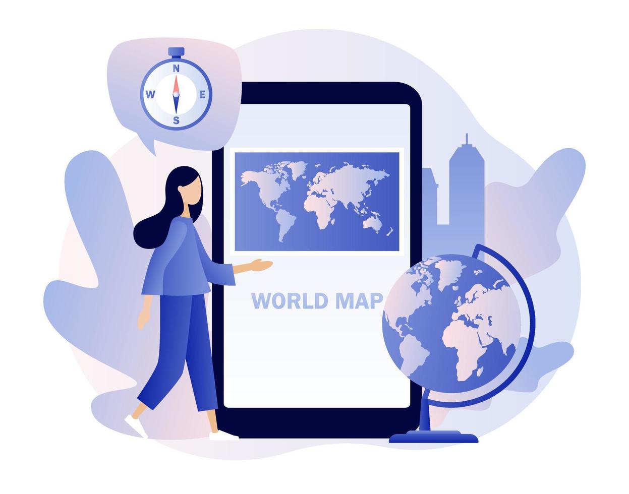World map. Geography concept. Tiny girl studies atlas Earth in app on smartphone screen. Globalisation. Modern flat cartoon style. Vector illustration on white background