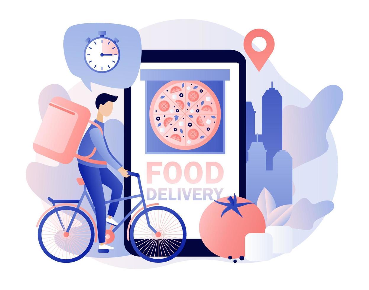 Food order online service. Tiny man courier that delivery food. Pizza in app on smartphone screen. Modern flat cartoon style. Vector illustration on white background