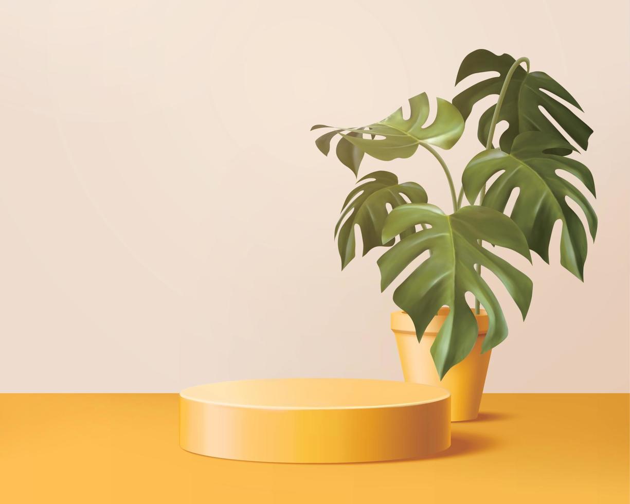 Product display podium decorated with potted monstera on trendy yellow background, 3d illustration vector