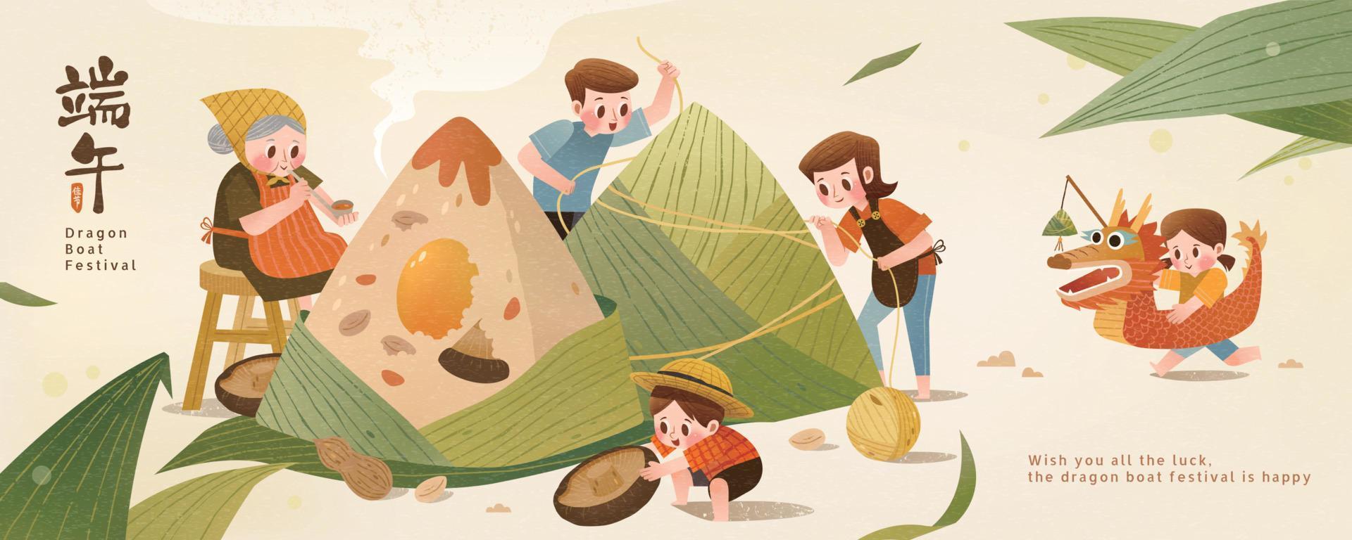 Celebration banner of happy dragon boat festival, cute family wrapping tasty rice dumplings together, Chinese translation, Duanwu vector