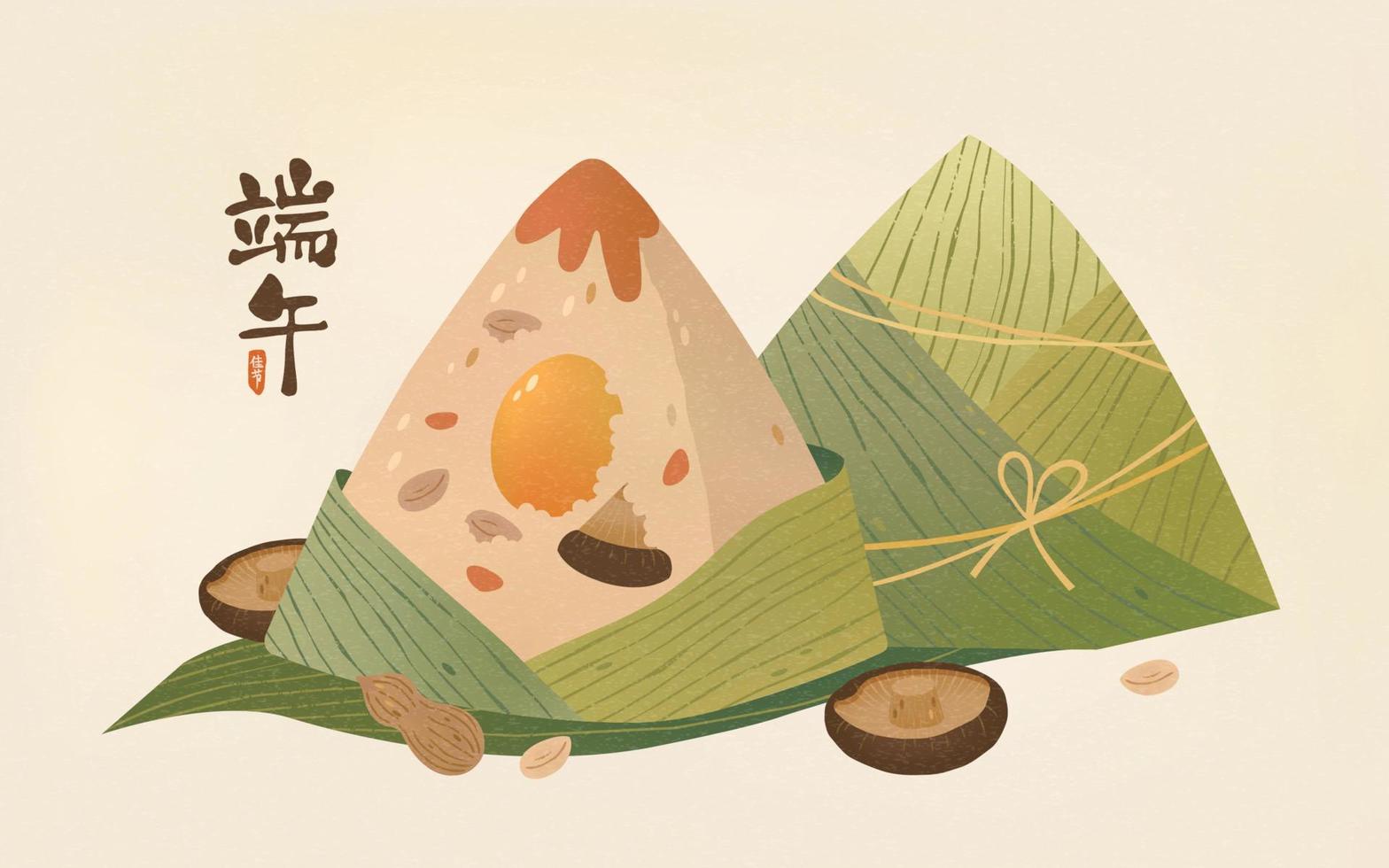 Tasty rice dumplings set on bamboo leaf isolated on beige background, Chinese translation, Duanwu, dragon boat festival vector