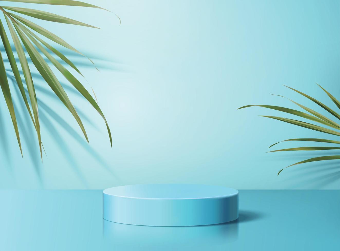 Product display podium decorated with tropical palm leaves on aqua blue background, 3d illustration vector