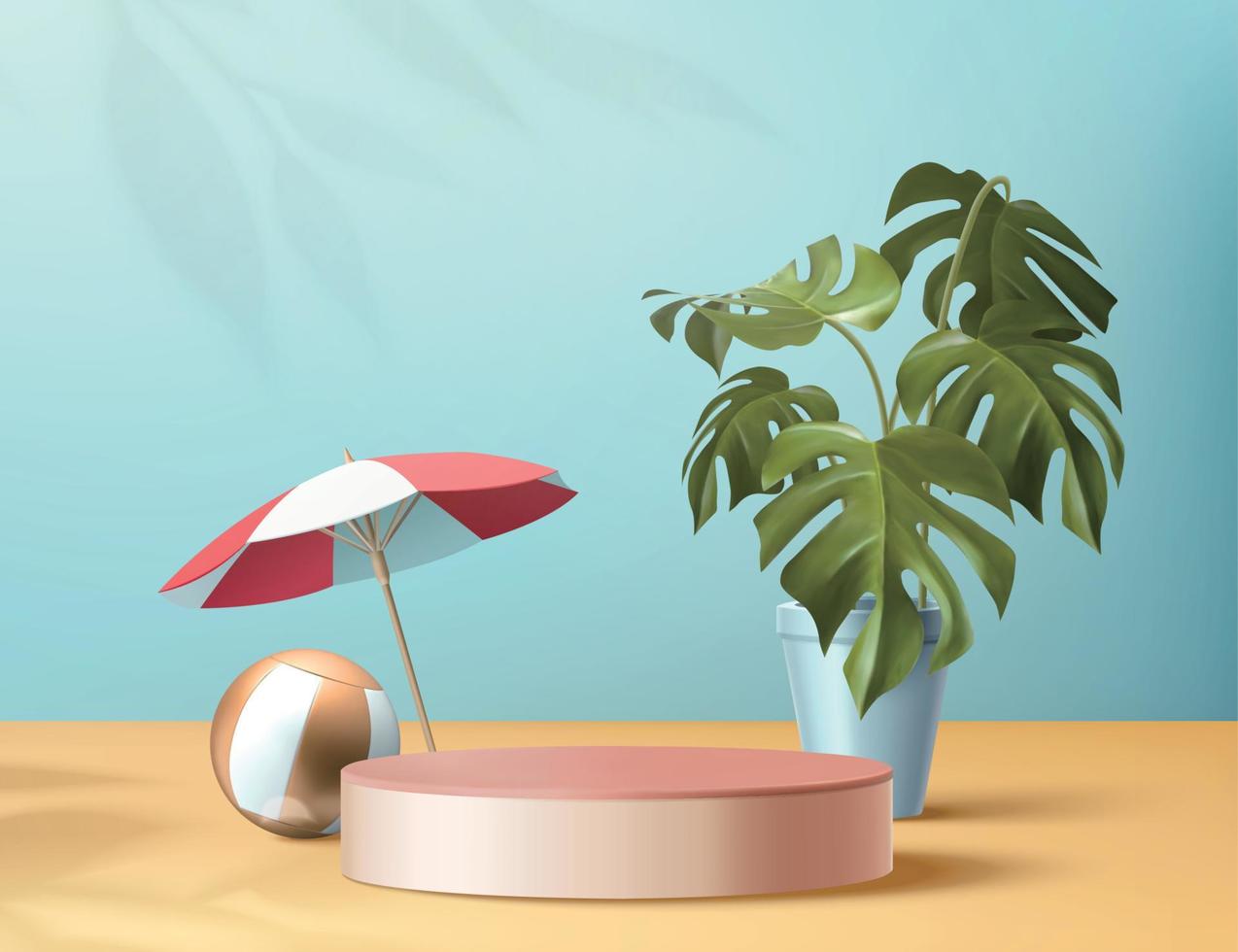 resumen fondo para verano producto mostrar, Rosa oro podio con paraguas, playa pelota y tropical en conserva planta, 3d ilustración vector