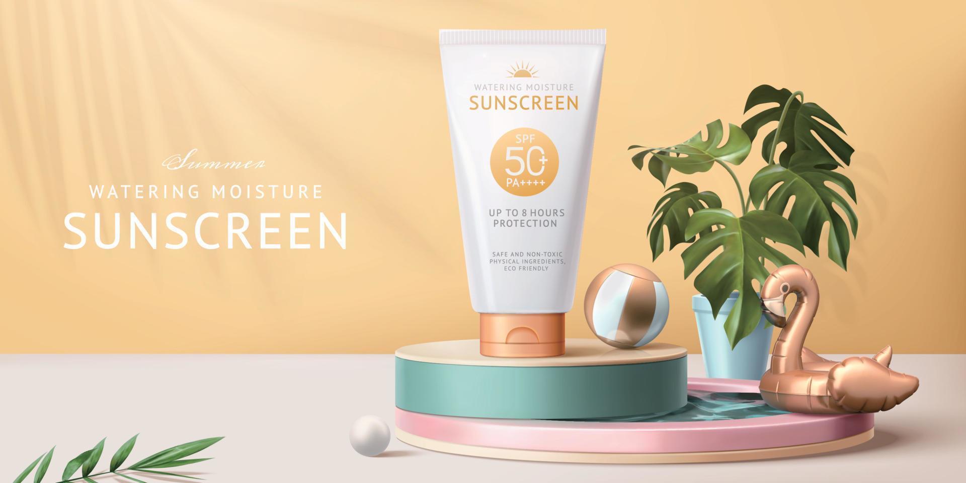 Sunscreen ad template, concept of skin care during summer season, designed with realistic tube mock-up displayed on swimming pool figurine, 3d illustration vector