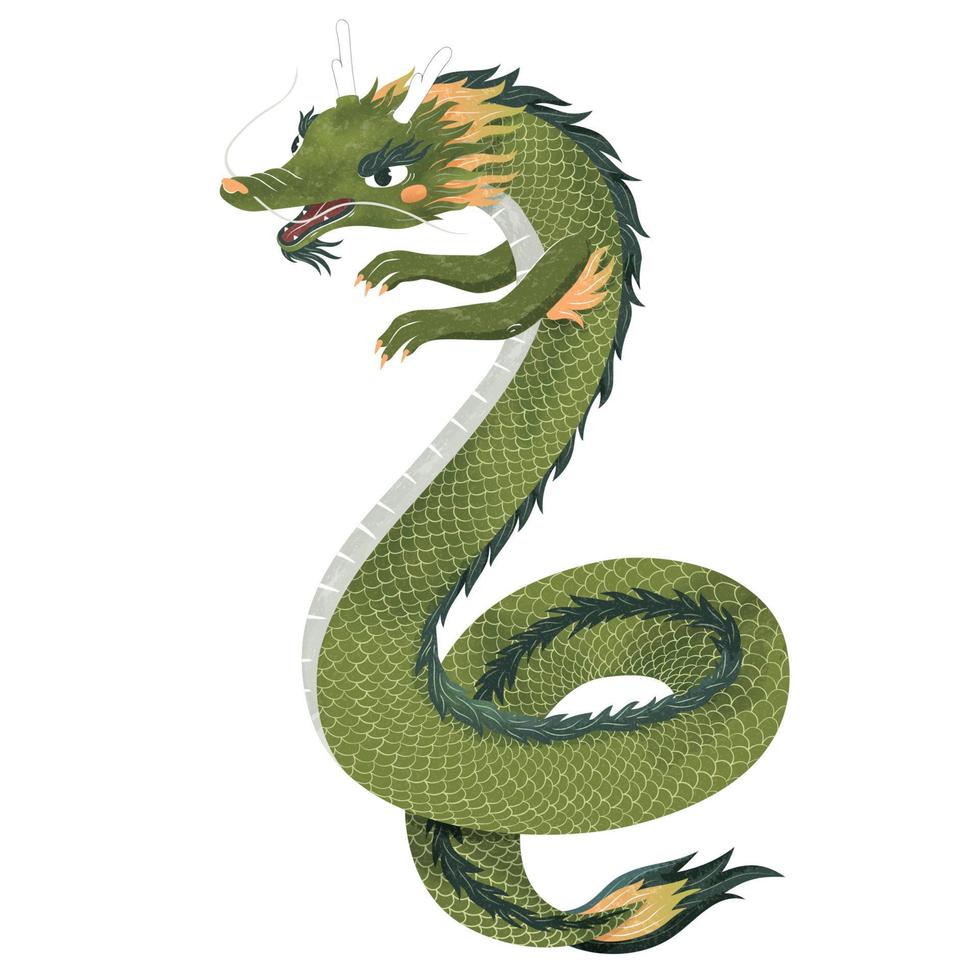 Adorable green Chinese dragon in flat design, mythological creature isolated on white background vector