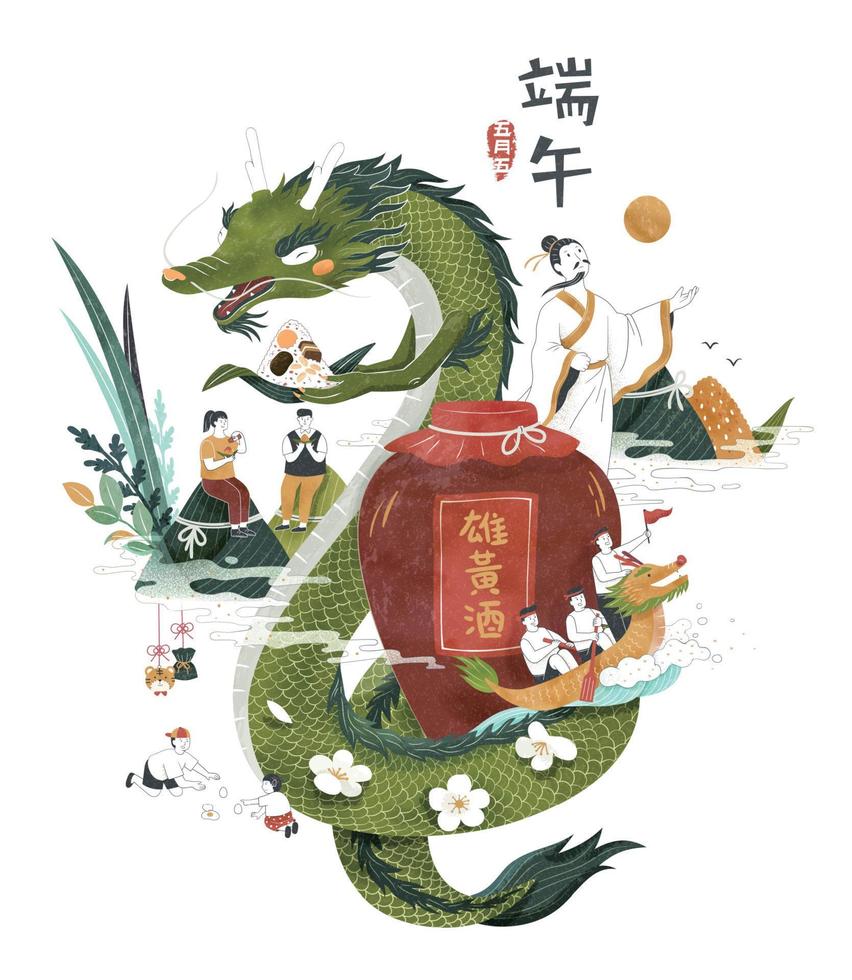 Cute Chinese dragon holding delicious rice dumpling and sitting on a wine jar, Chinese translation, Duanwu, 5th May in lunar calendar, and realgar wine vector