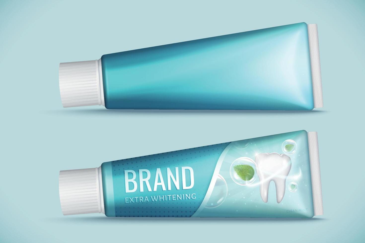 Realistic toothpaste mock-up isolated on light blue background, one with package design and one without, 3d illustration vector