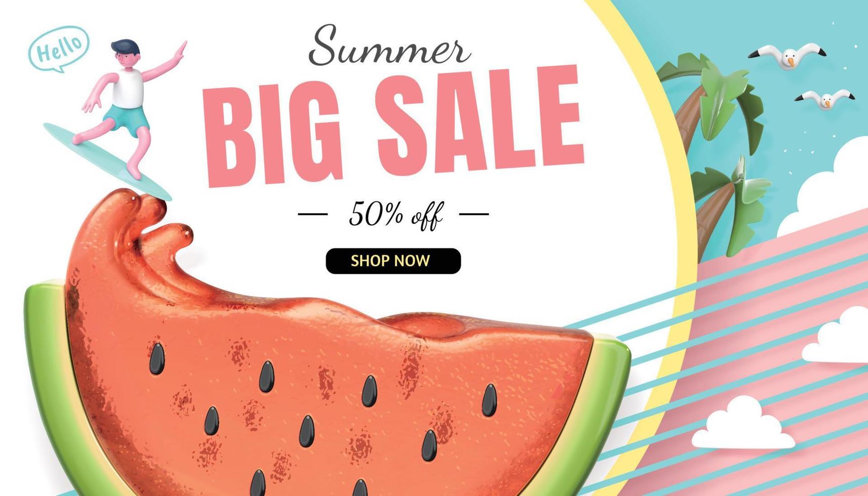 Summer sale banner, cute character riding watermelon juice waves, 3d illustration vector