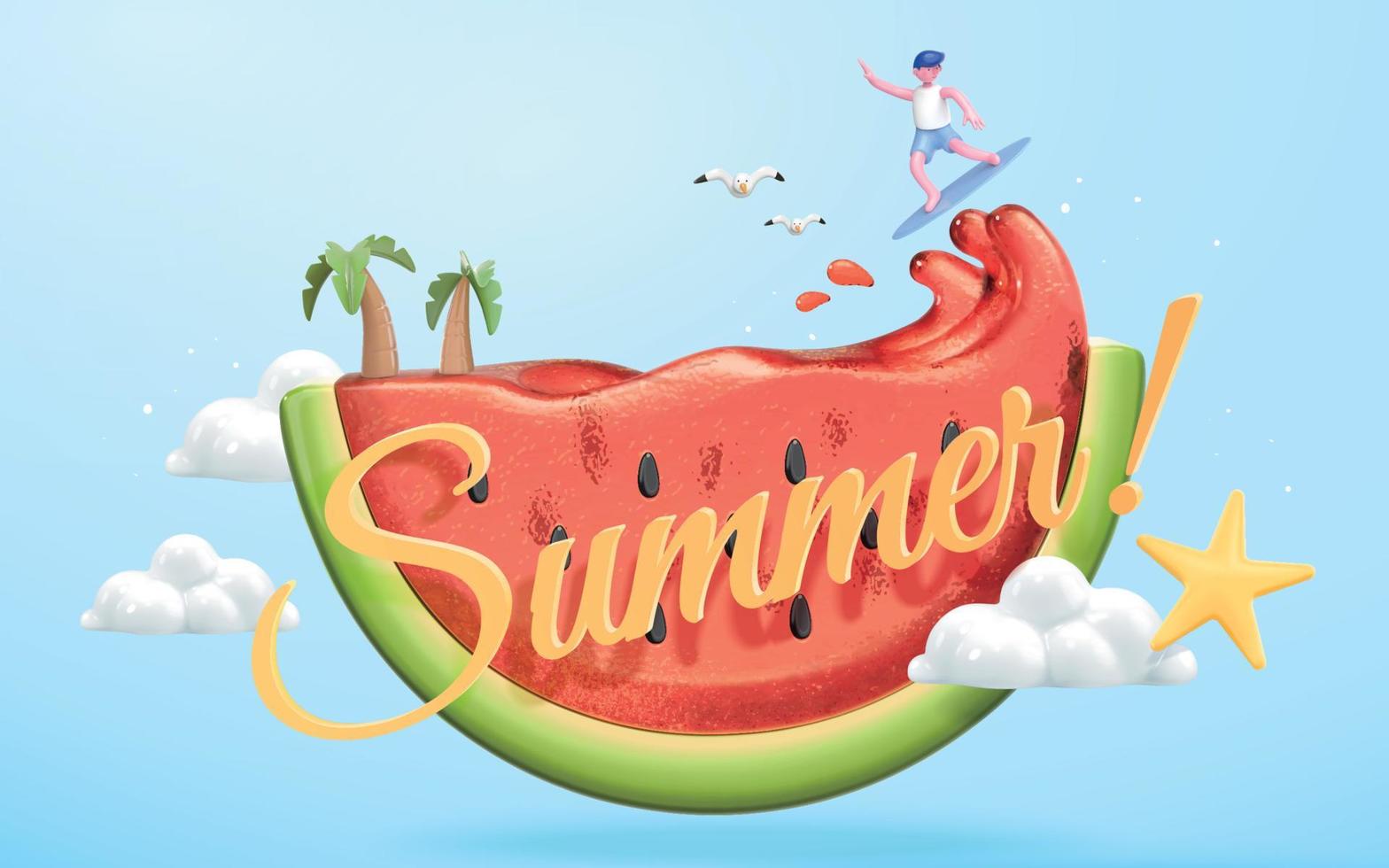 Summer concept, cute character surfing juice wave of tasty watermelon, 3d illustration vector