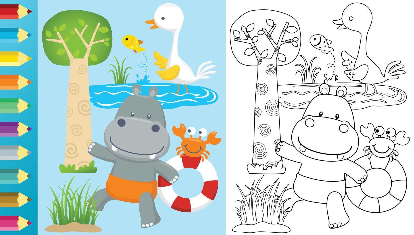 Vector cartoon of hippo carrying buoy with crab, bird crane hunt a fish, coloring book or page