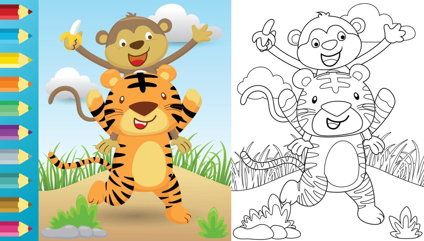 Vector cartoon of tiger carrying monkey on it shoulders, coloring book or page