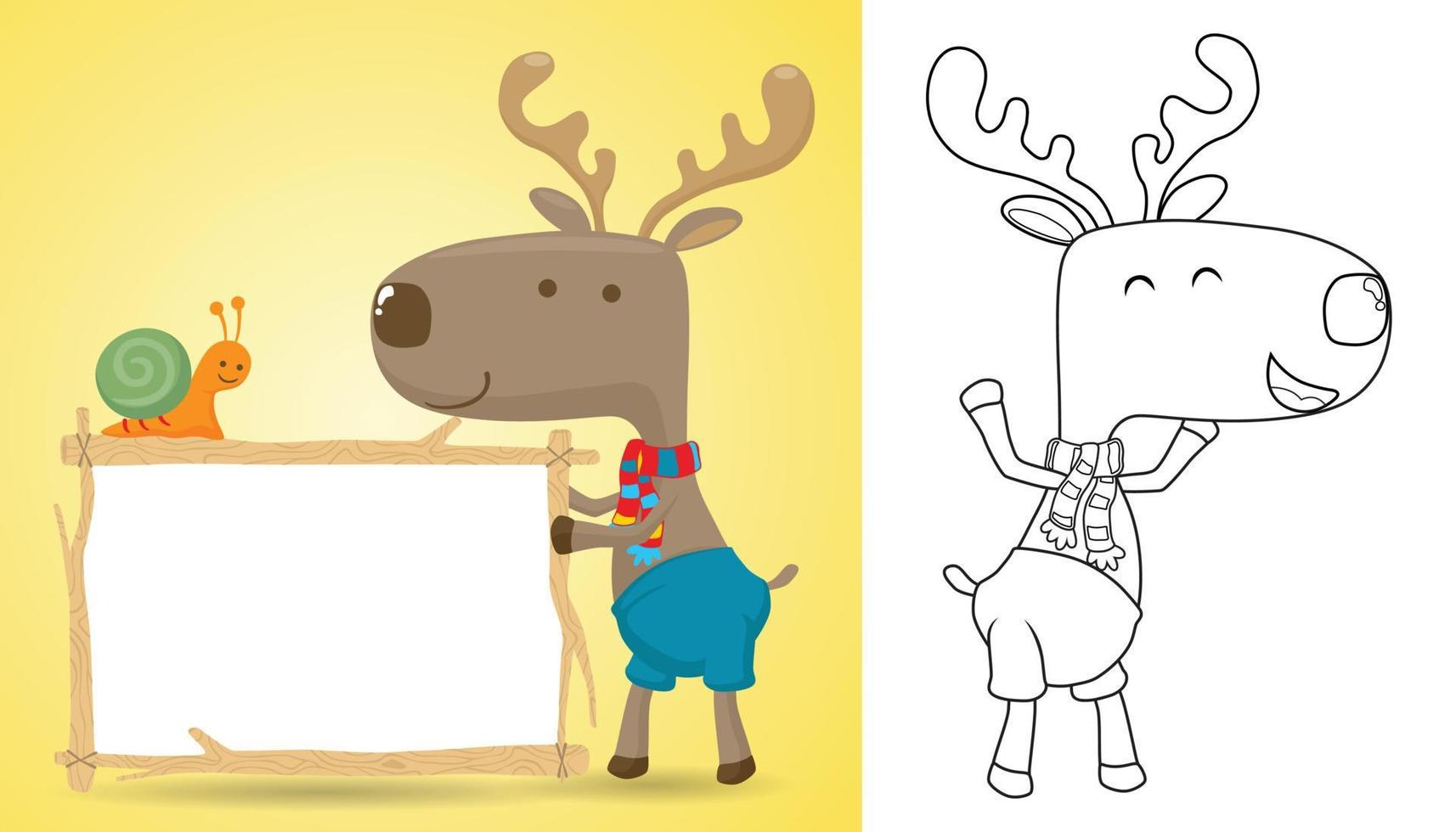 Vector illustration of elk cartoon holding blank sign template with little snail. Coloring book or page