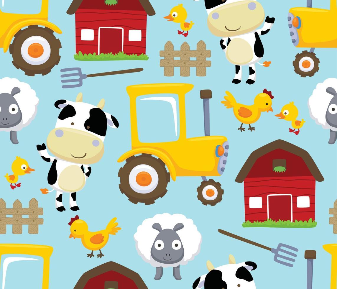 Seamless pattern vector of farm animals with farming elements cartoon