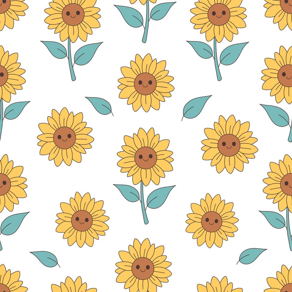 Cute sunflowers seamless pattern. Trendy retro cartoon Sunflower character. vector
