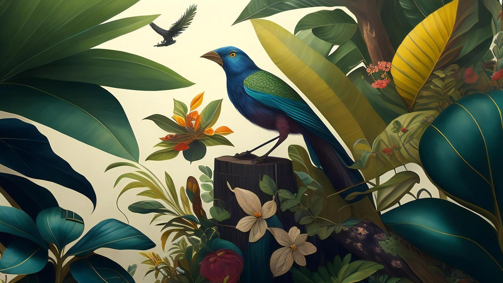 Illustration of a blue bird sitting on a wooden trunk surrounded by tropical plants. photo