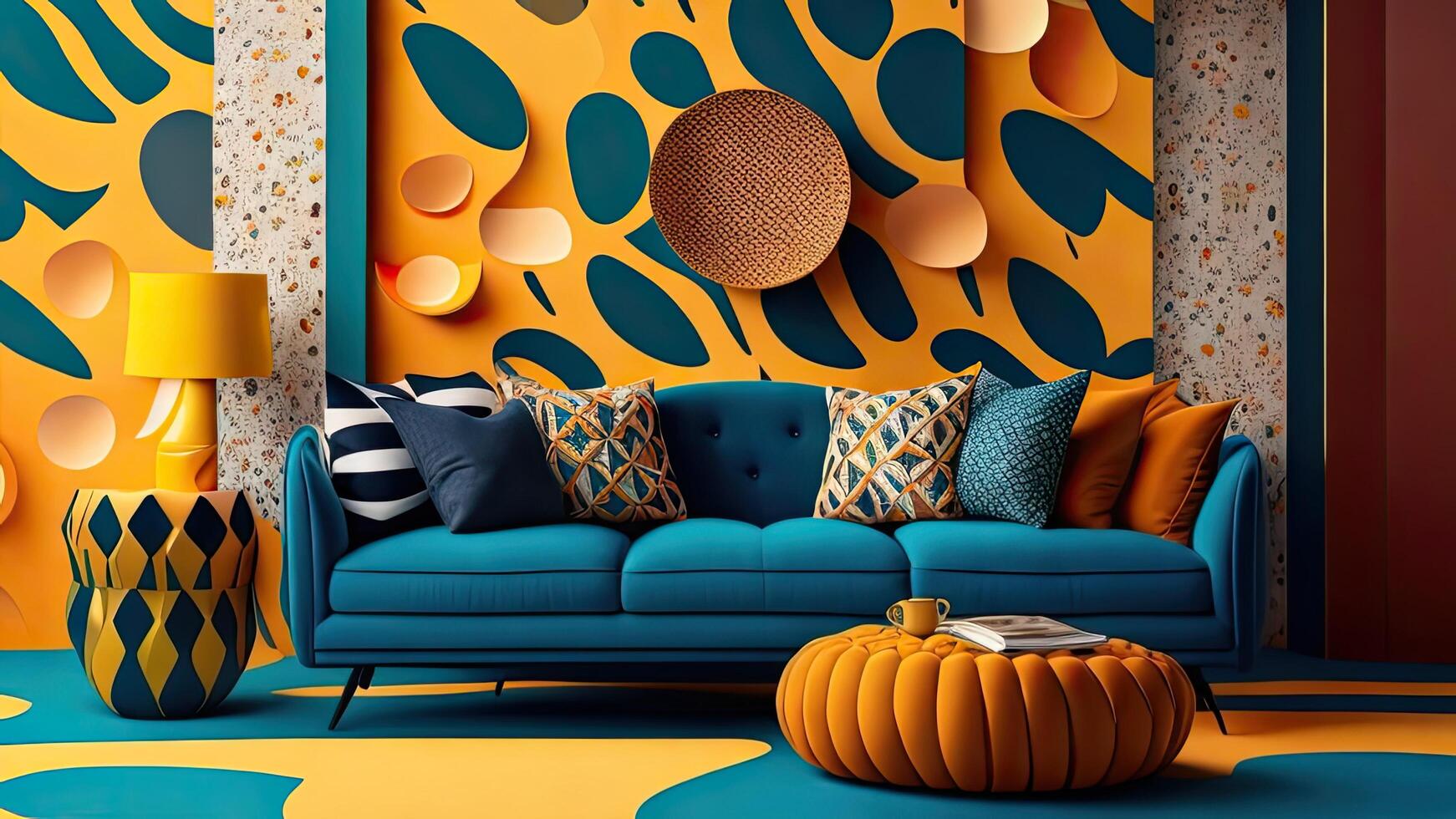Modern interior of living room with blue sofa, orange and yellow carpet, 3d render. photo