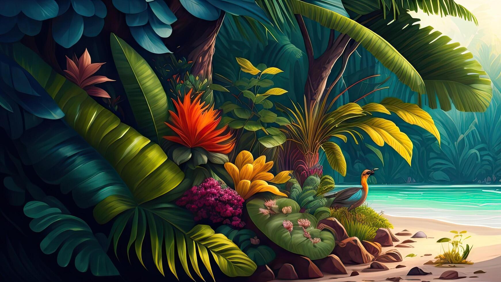 Tropical jungle with palm trees and flowers - illustration for children. photo