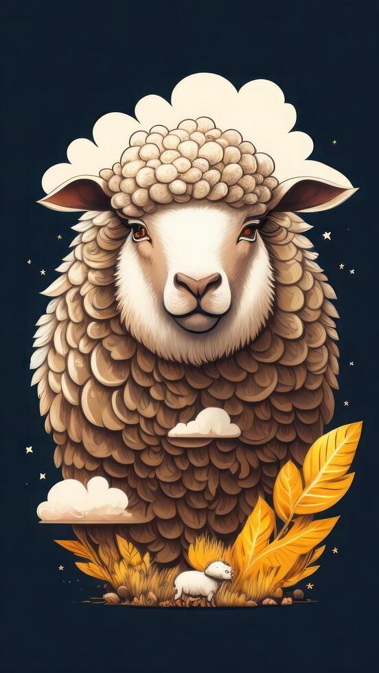 Illustration of a sheep on a dark background with leaves and clouds. photo