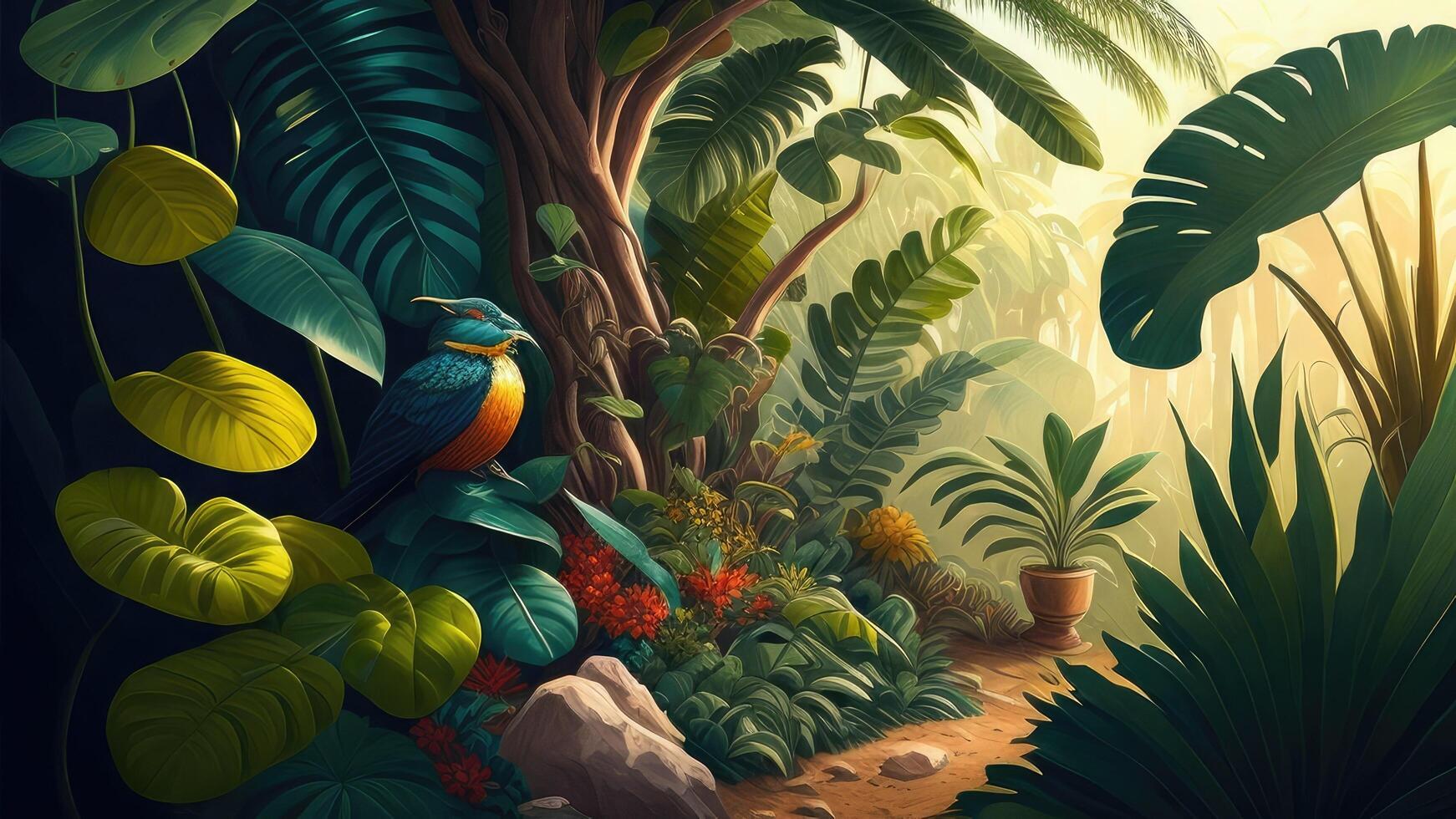 tropical jungle background with green leaves and bird. photo