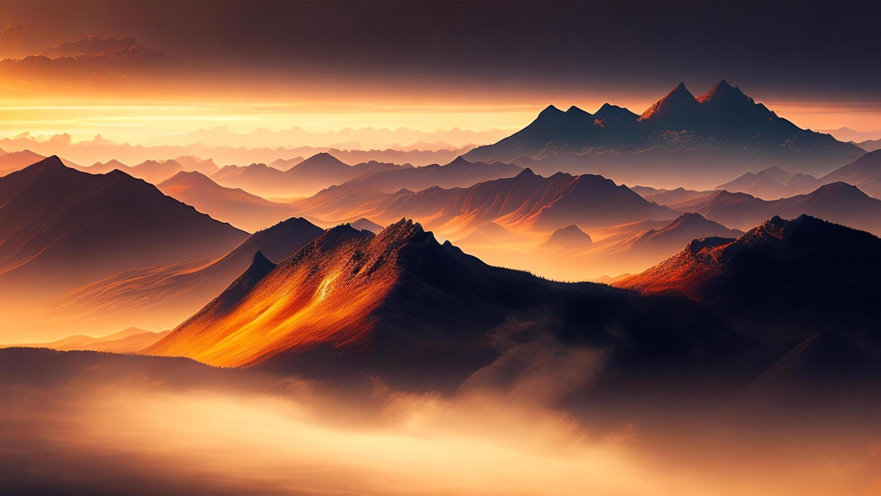 fantasía alpino paisaje. montaña rango a amanecer. 3d ilustración. ai generado foto