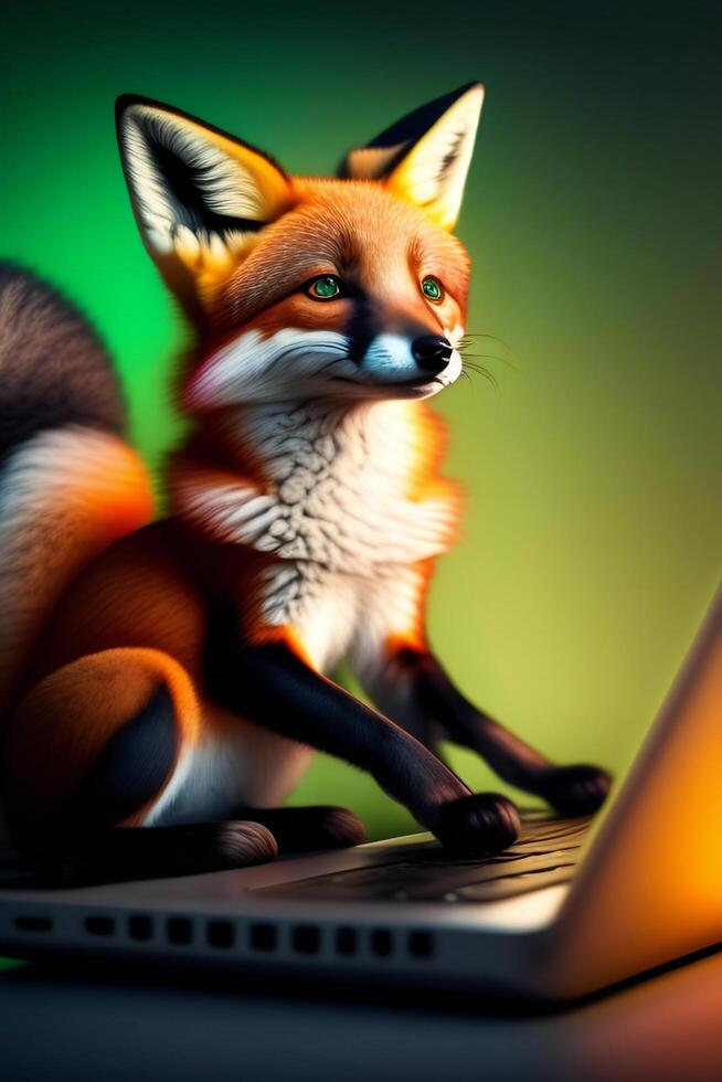 Cute fox with a laptop on the table. 3d render. photo