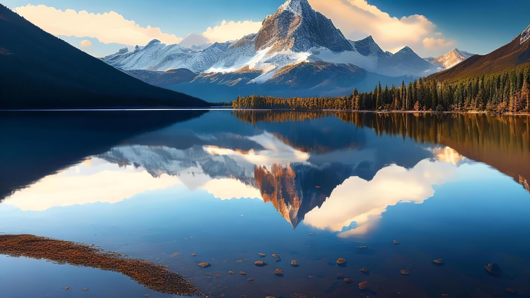 Mountains reflected in lake. 3d render. photo