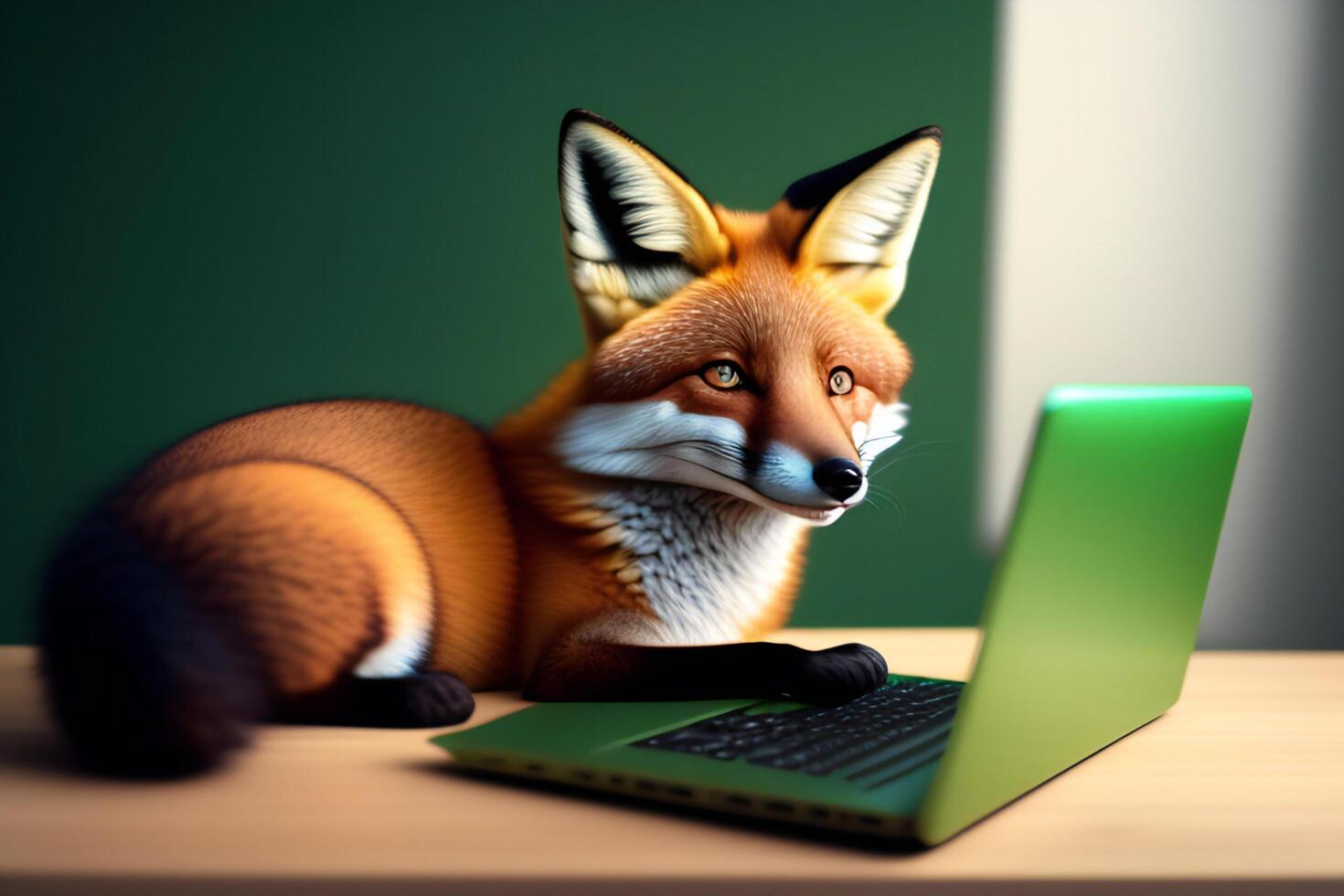 Cute fox with laptop on green background. 3D rendering. photo