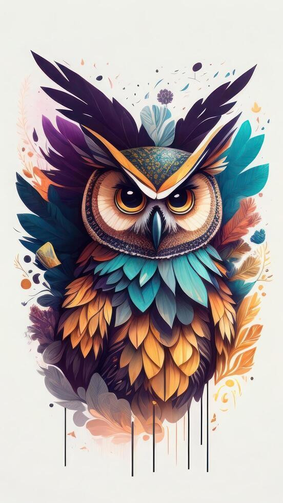Colorful owl with feathers on a white background. Illustration. photo