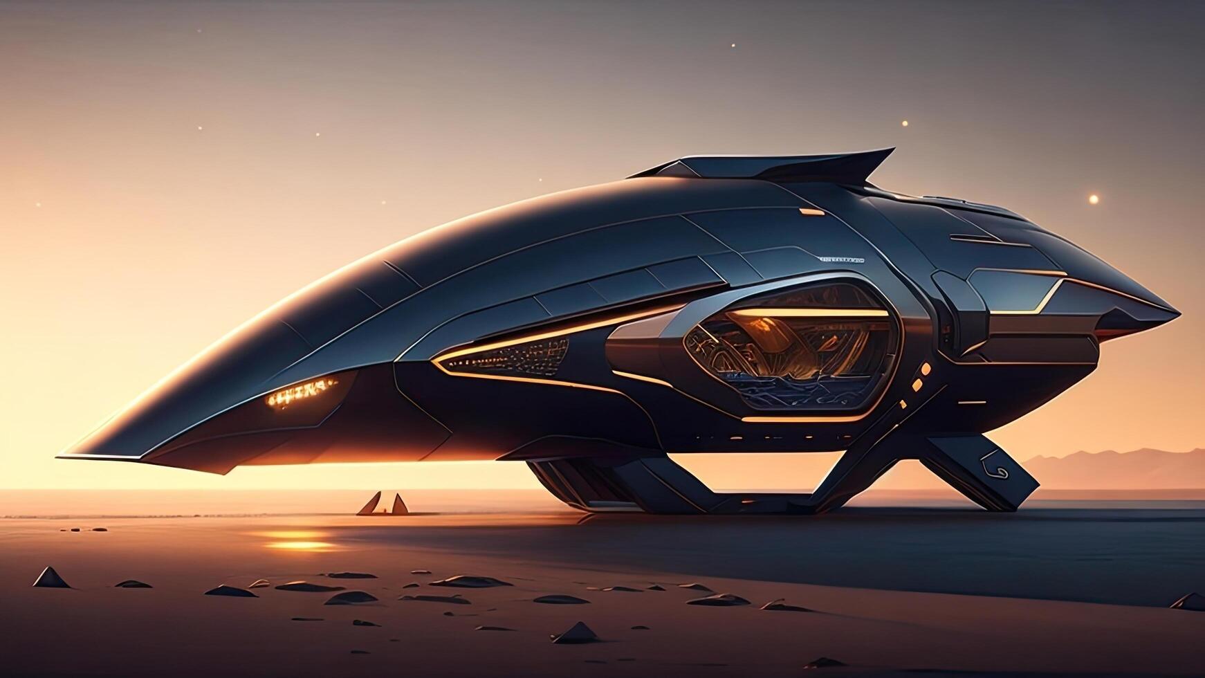 3D rendering of a space ship in the sea at sunset. photo