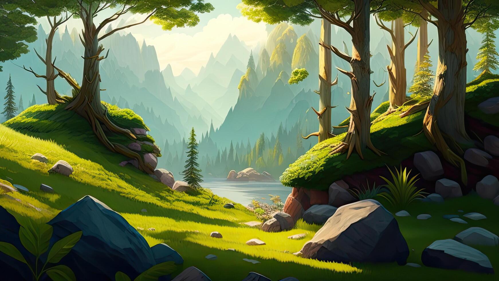 Fantasy landscape with mountains, lake, trees and rocks. photo