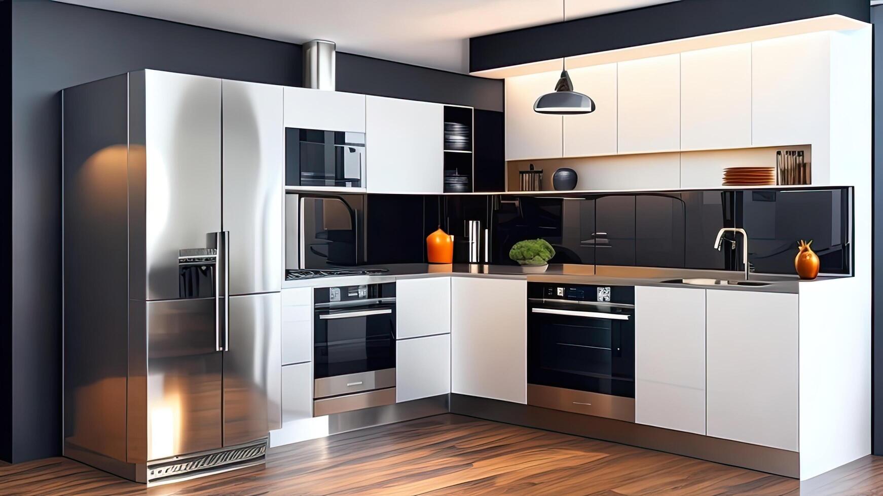 3d Illustration of black modern kitchen in a house with a beautiful design. photo