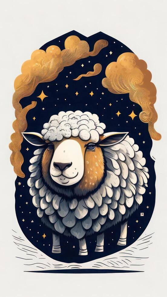 Illustration of a cute sheep on the background of the night sky. photo