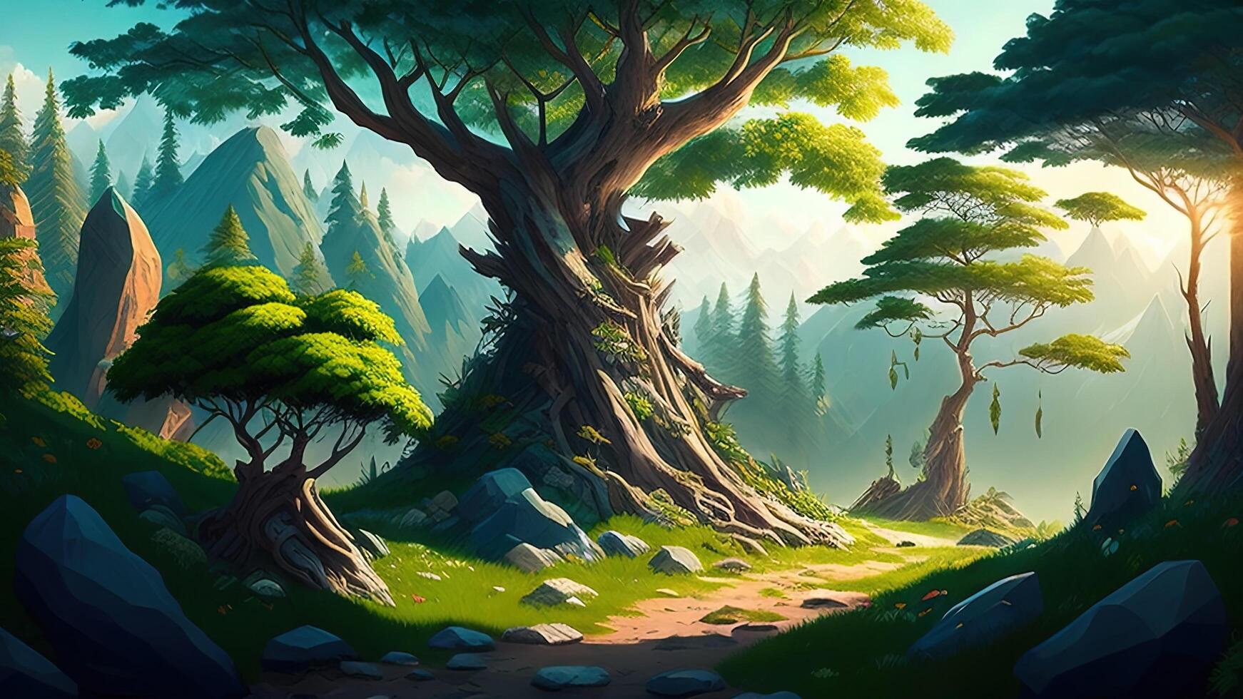 Fantasy landscape with old tree on the path. photo