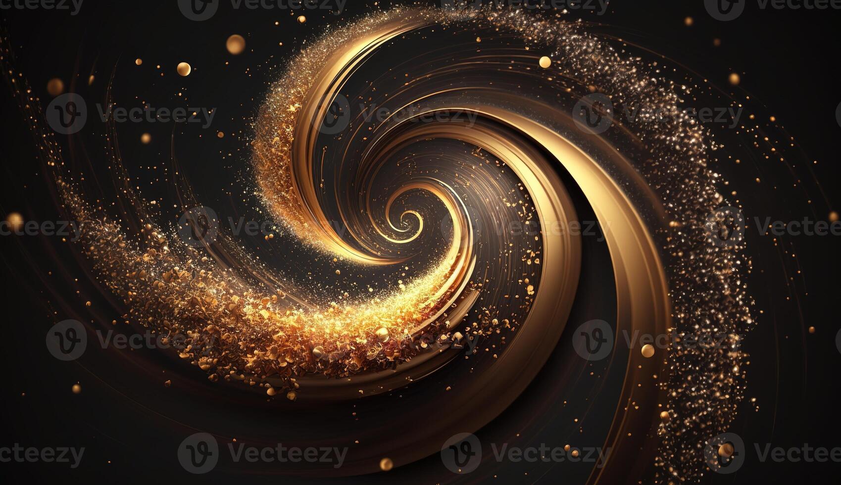 Explosion and swirl of gold sparkles background. photo