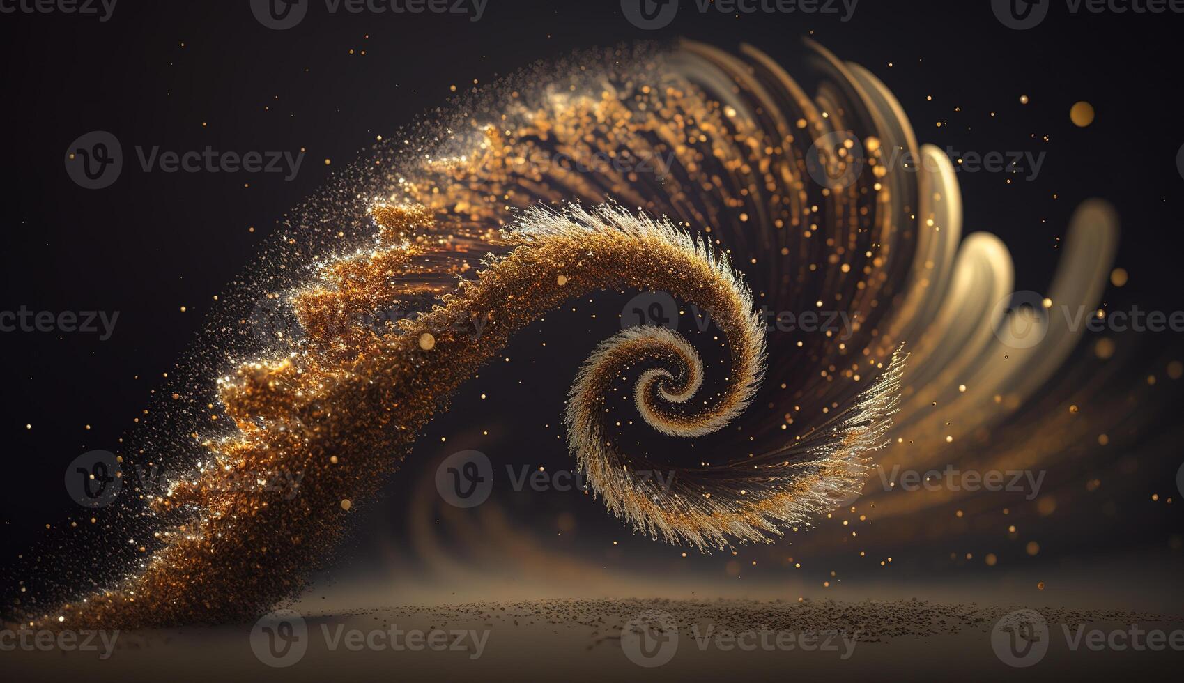 Explosion and swirl of gold sparkles background. photo