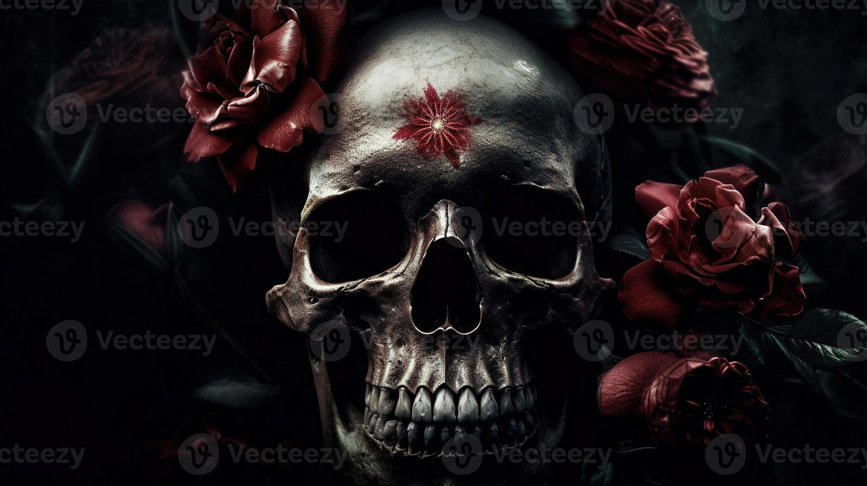 Skull with roses. Human Skull in Beautiful Flowers. Halloween images. Day of the Dead. photo