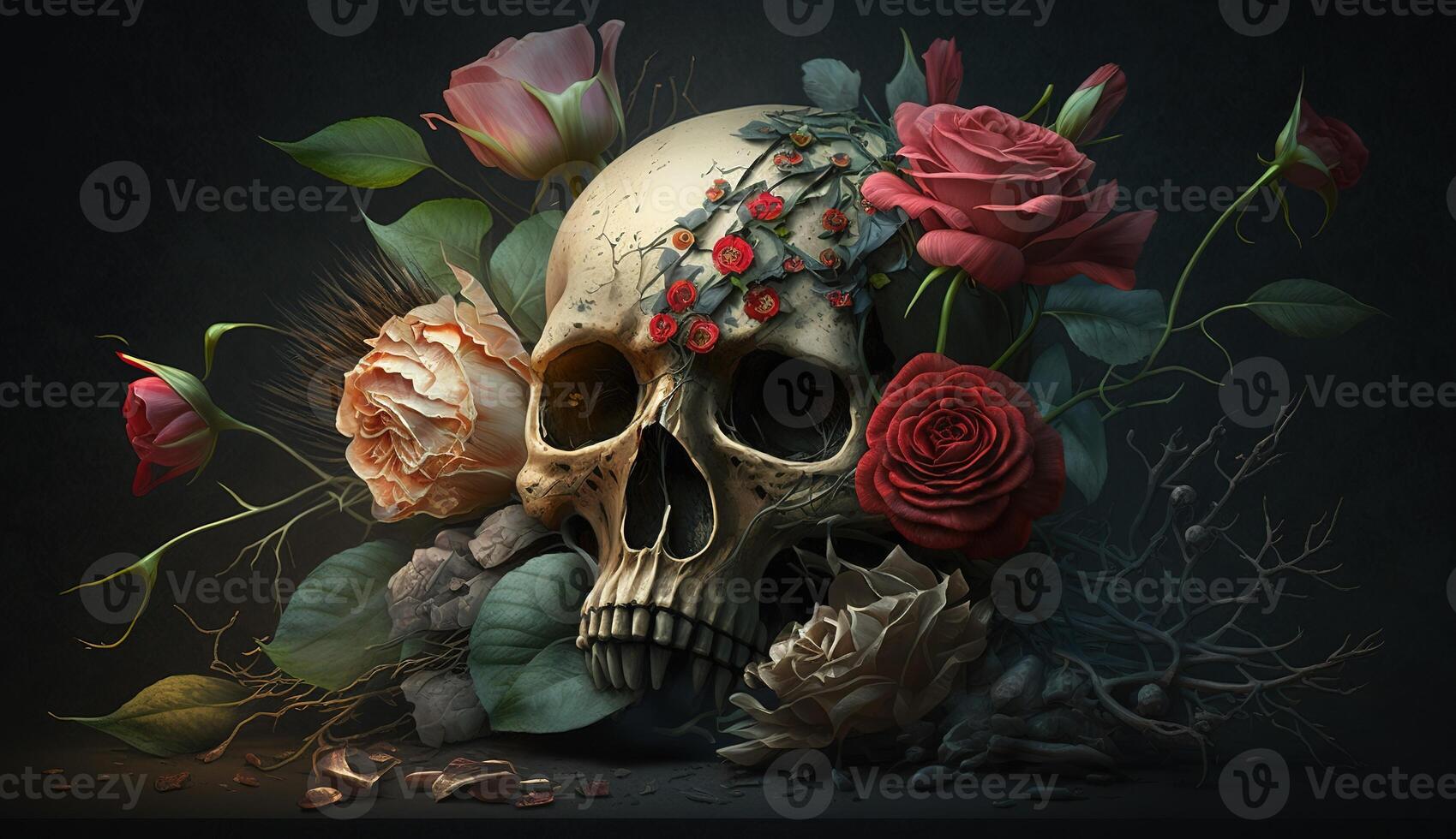 Skull with roses. Human Skull in Beautiful Flowers. Halloween images. Day of the Dead. photo