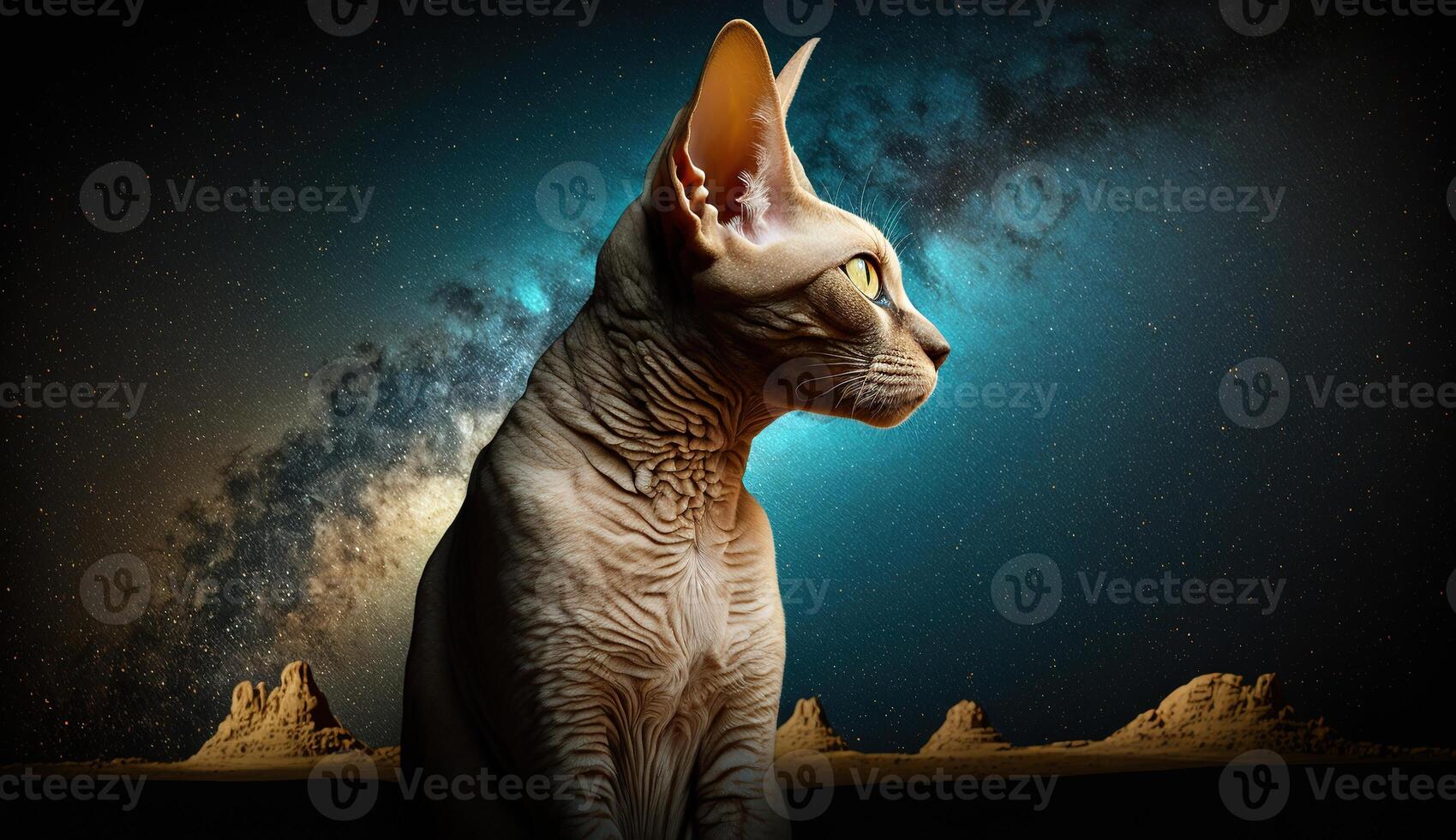 The Enchanting Sphinx Cat Gazing at the Mystical Moon and Starry Sky. photo