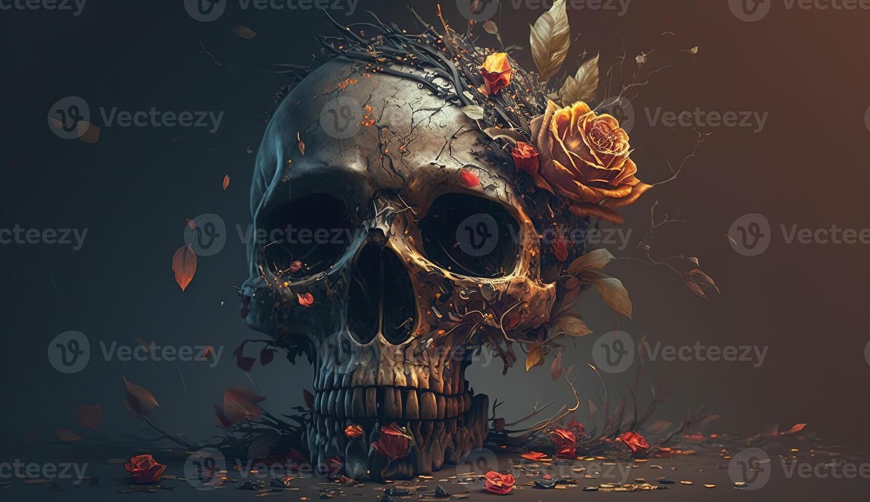 Skull with roses. Human Skull in Beautiful Flowers. Halloween images. Day of the Dead. photo